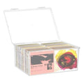 Clear plastic CD storage box with hinged lid, holding stacked CDs with cover art