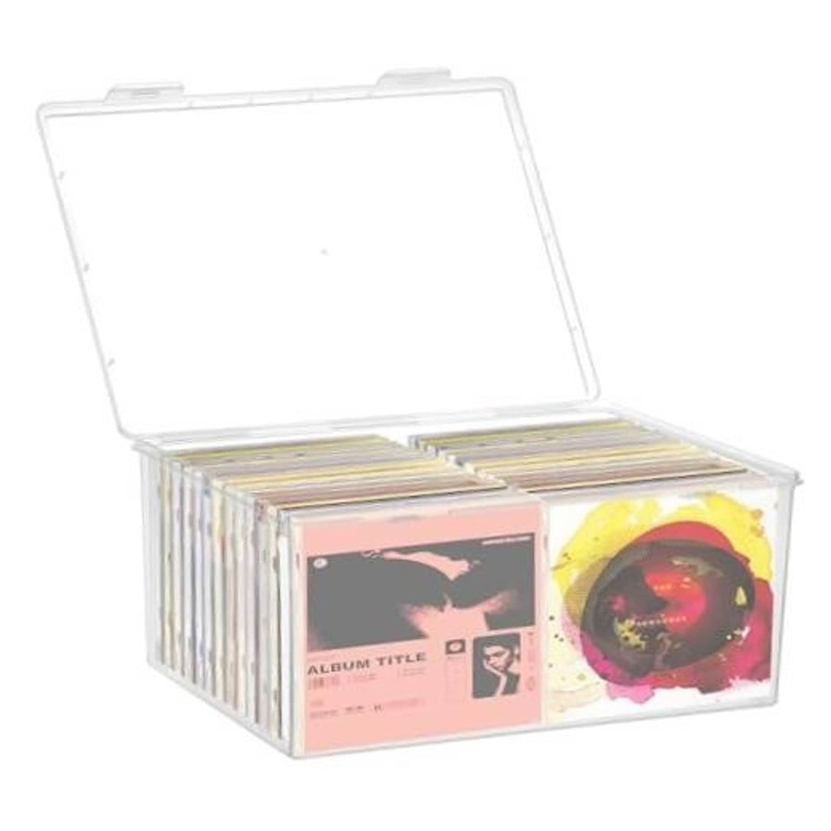 Clear plastic CD storage box with hinged lid, holding stacked CDs with cover art