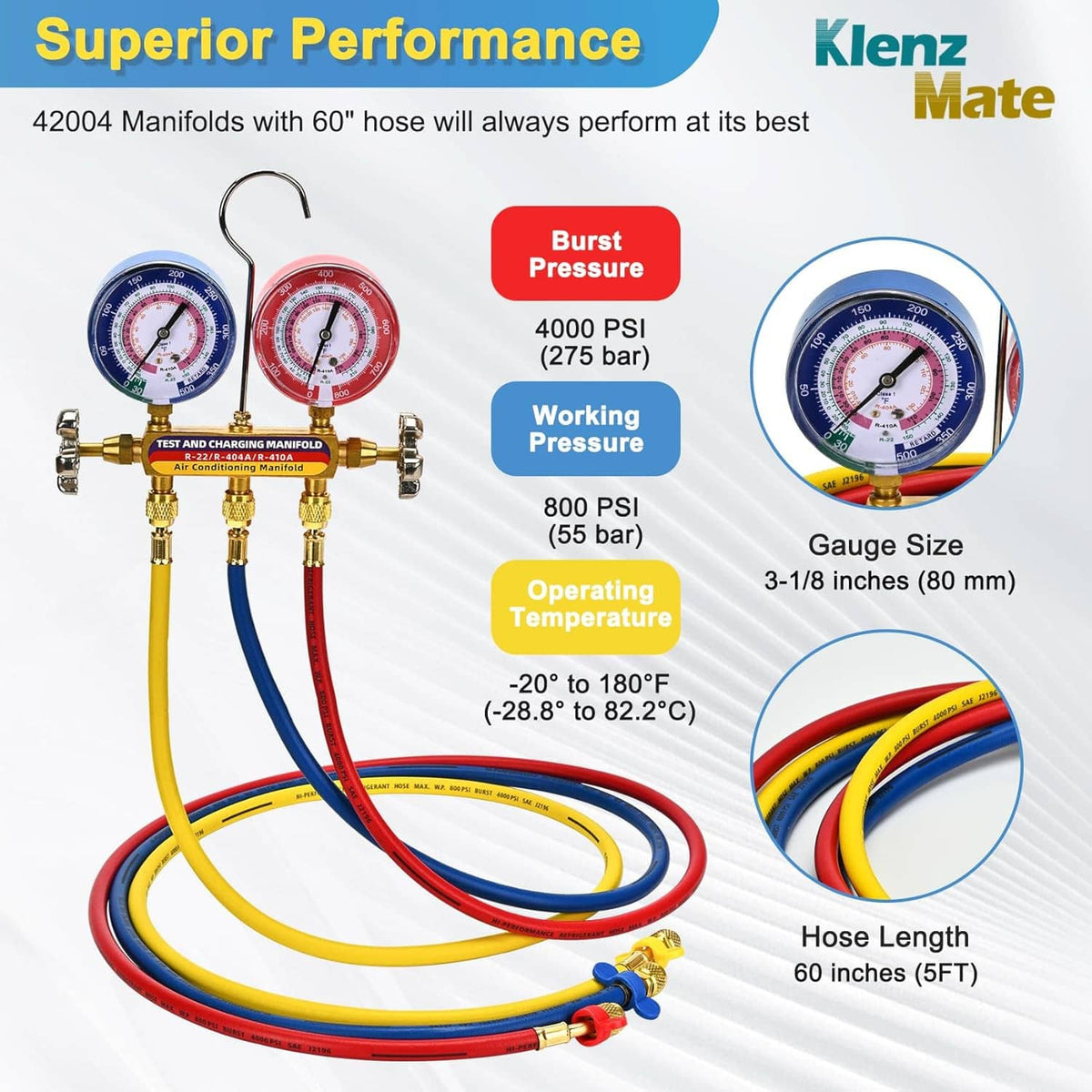 HVAC manifold set with two dial gauges, multicolor hoses and brass connectors