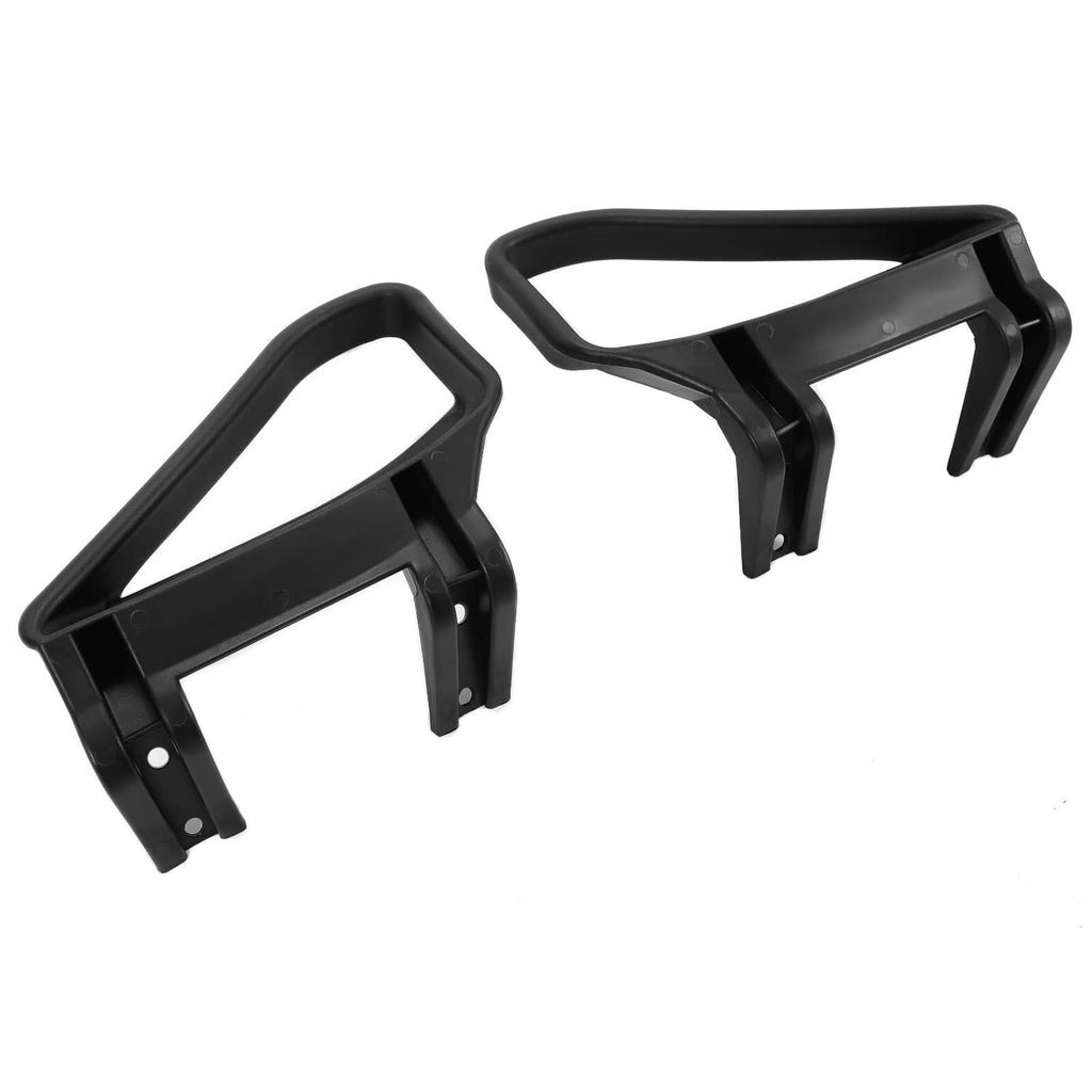 Two black armrest/handle brackets with curved supports and front mounting feet