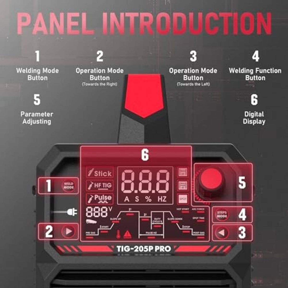 TIG welder control panel with digital display and numbered operation buttons