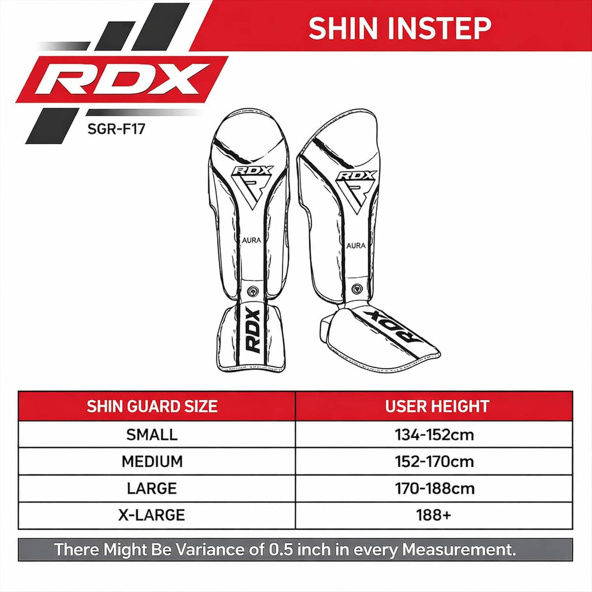 RDX shin instep pad size guide with outlines and user height range table