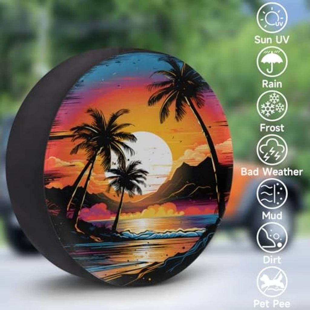 Tire cover with tropical palm sunset print plus weather-protection icons overlay