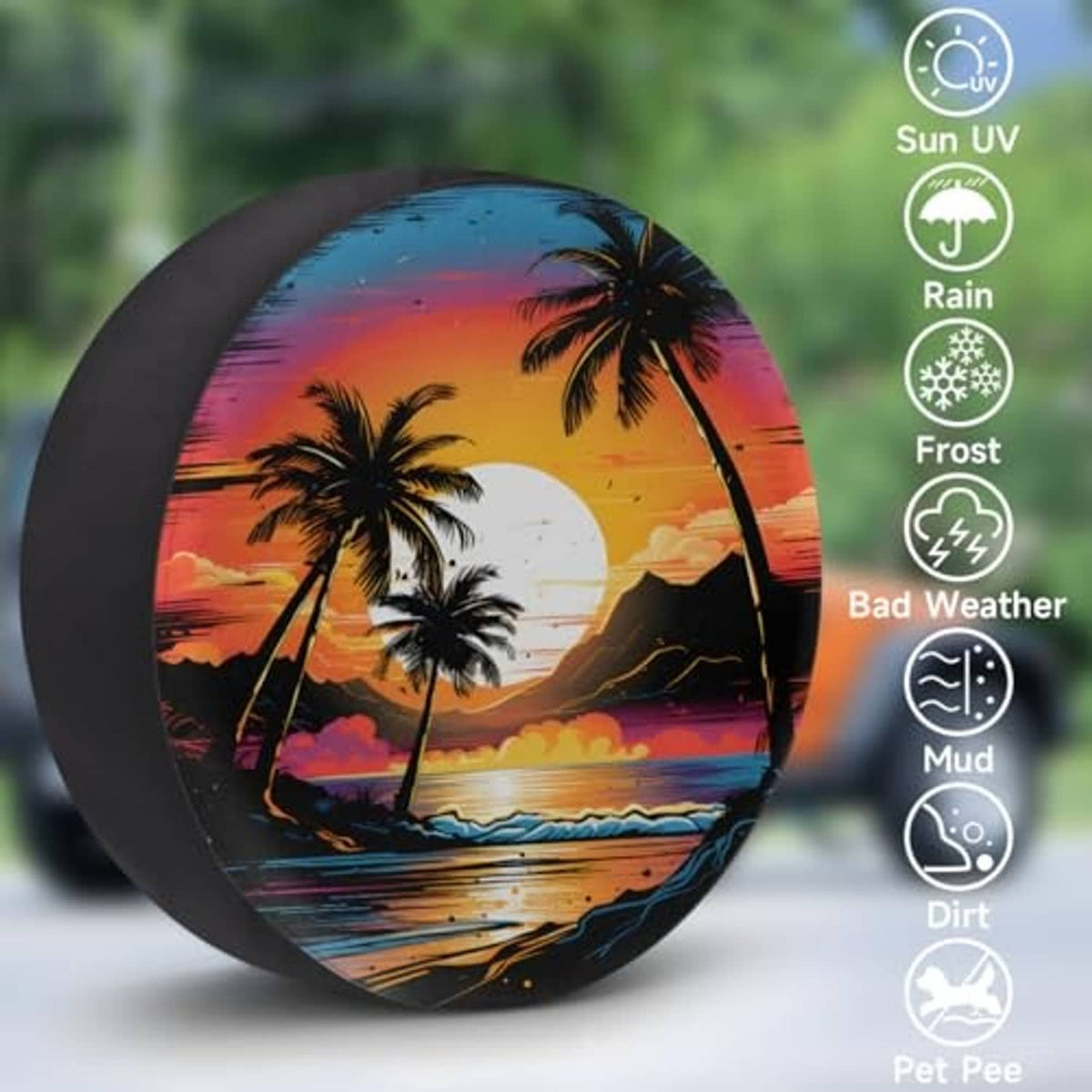 Tire cover with tropical palm sunset print plus weather-protection icons overlay