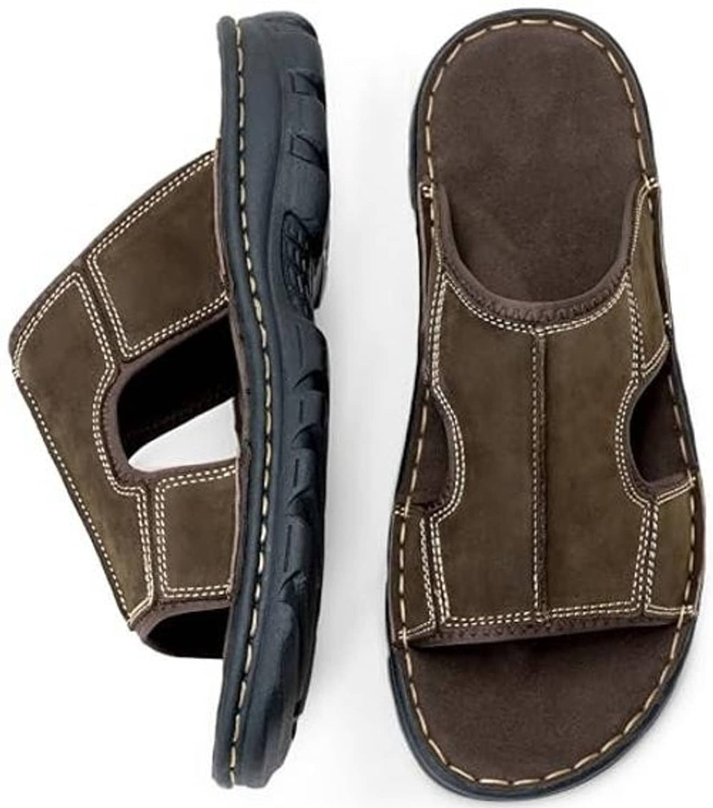 Men's dark brown leather slide sandals close-up: suede-like upper, stitched trim, open toe