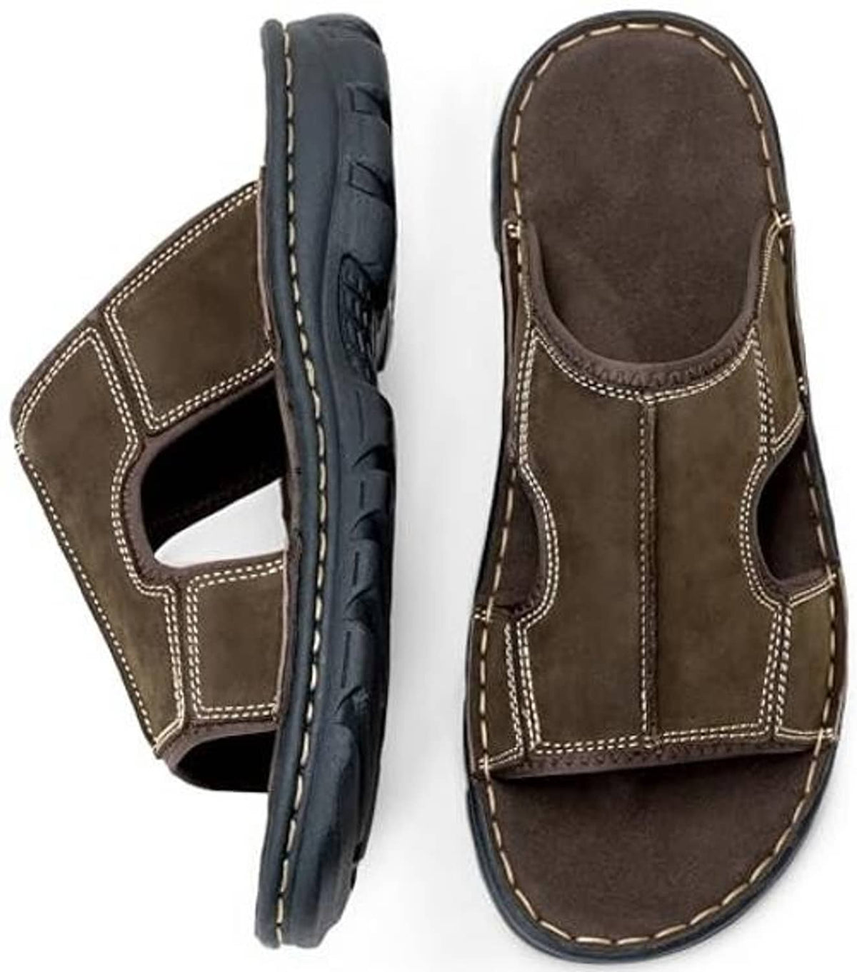 Men's dark brown leather slide sandals close-up: suede-like upper, stitched trim, open toe