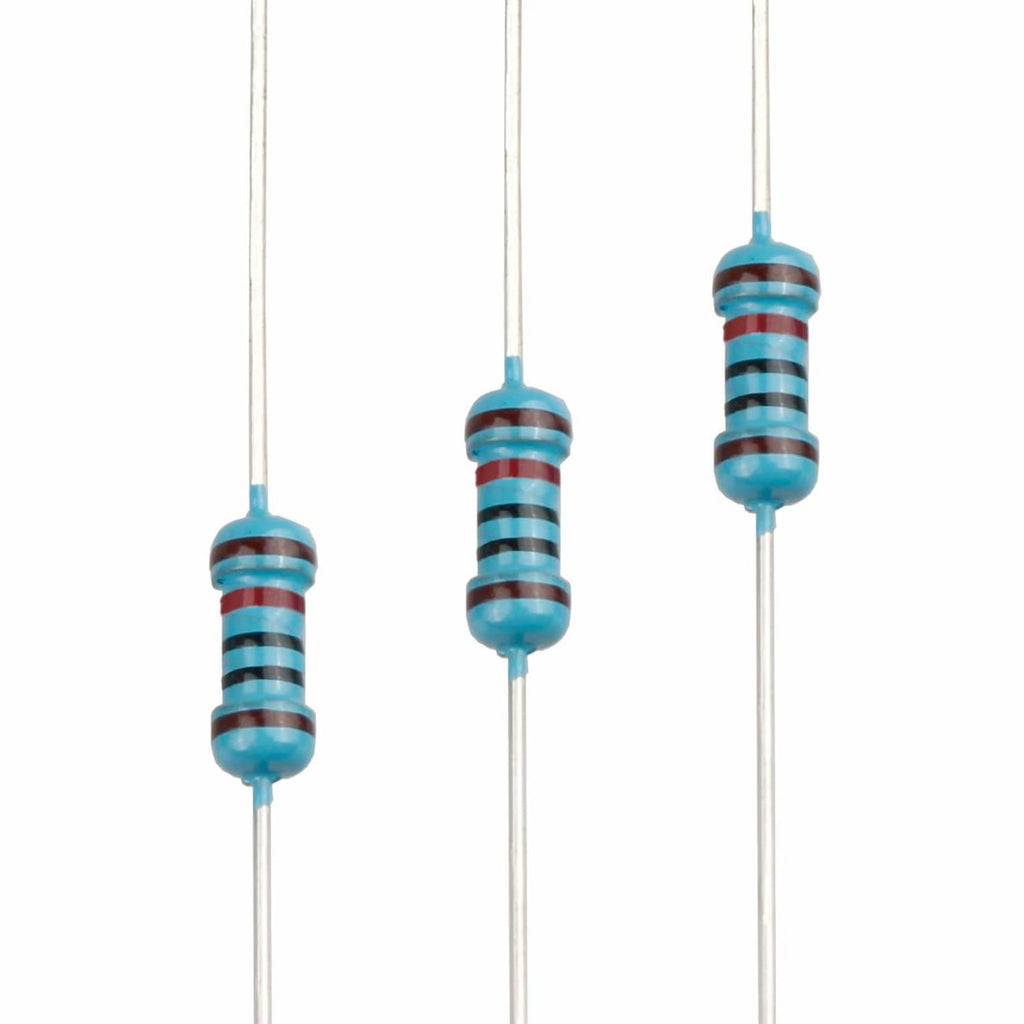 Axial metal film resistors with blue bodies and red/brown band markings, three units