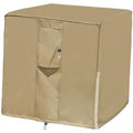 Outdoor air conditioner unit cover in tan with front pocket flap and drawcord hem