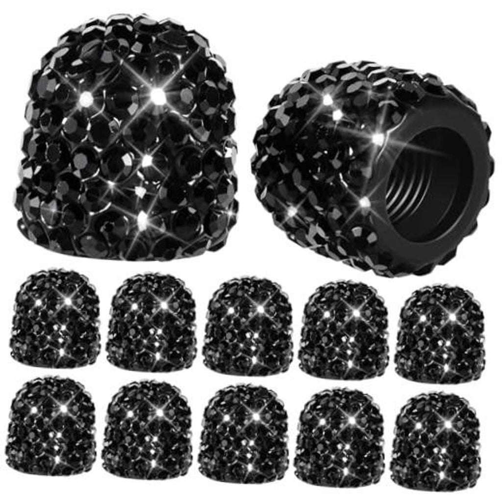 Black rhinestone tire valve stem caps set, round faceted glitter crystal texture