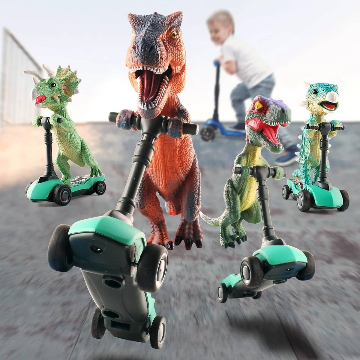 Assorted dinosaur finger scooters with teal bases and bobbling heads