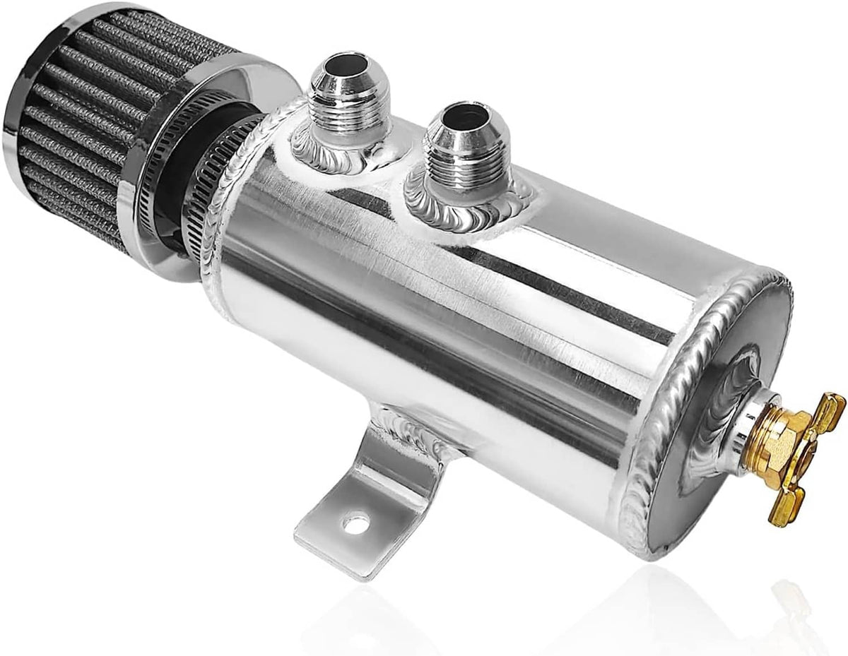 Aluminum oil catch can reservoir with baffled breather filter and dual AN10 ports