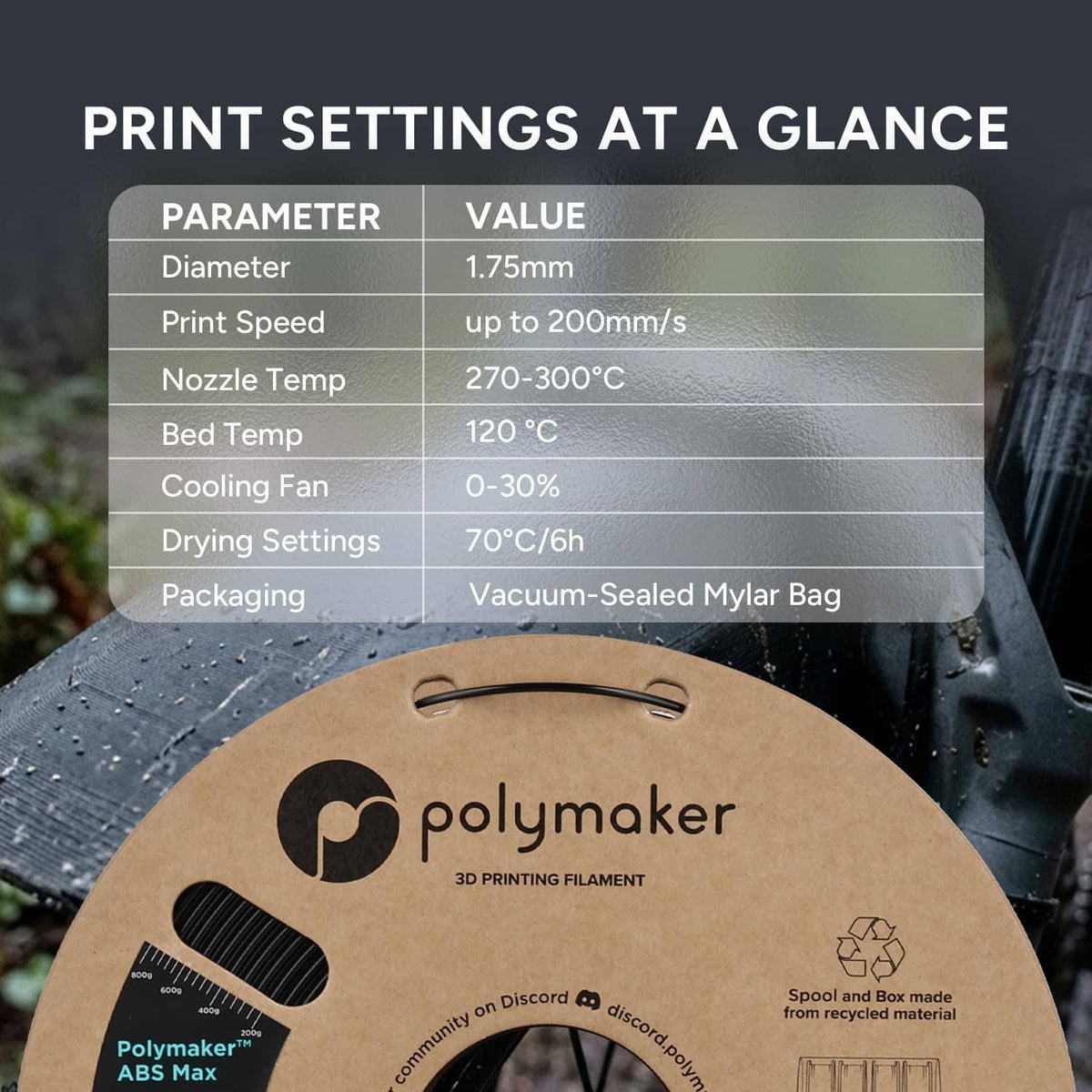 Filament spool with print settings table overlay