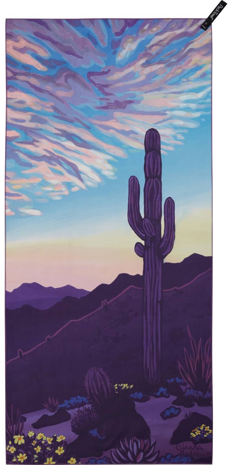 Ultralight body towel, Desert Aire print with purple cactus and desert sky.