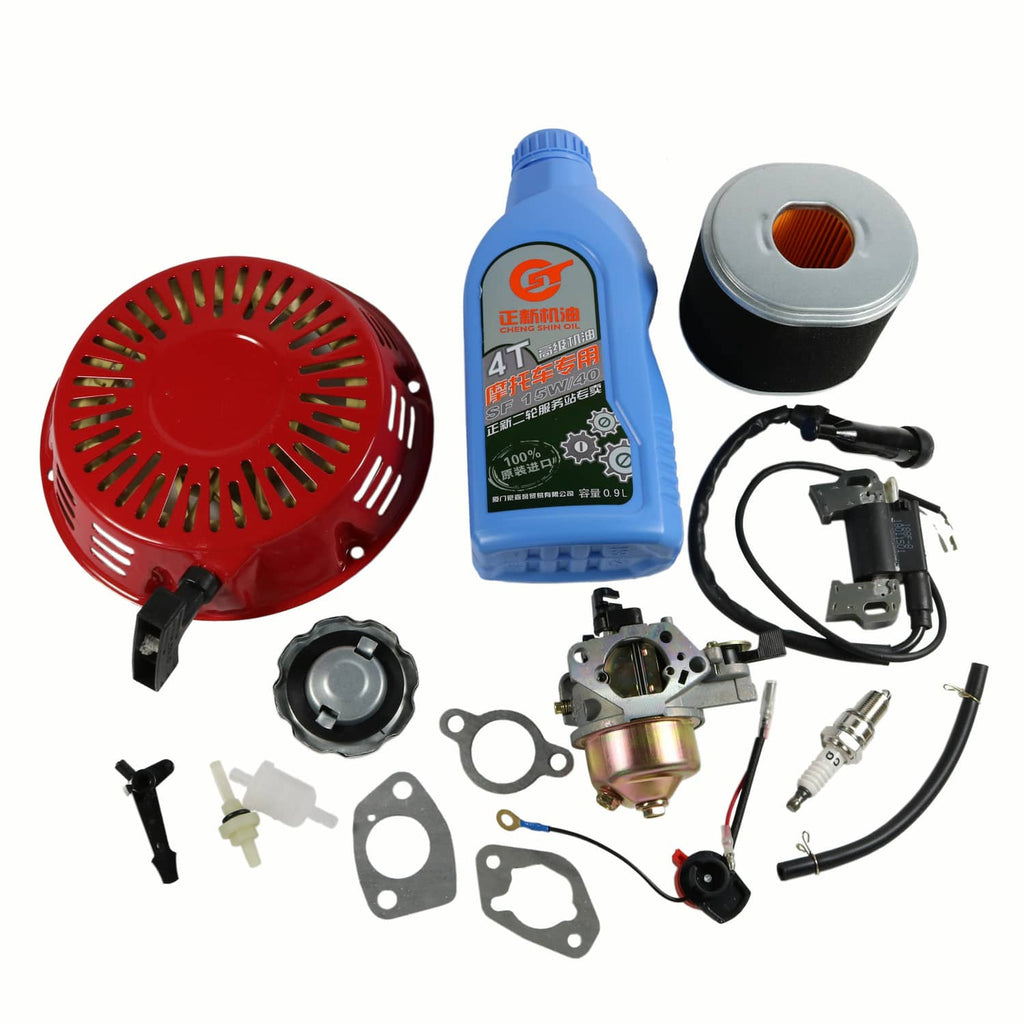 Small engine ignition and carburetor kit with red recoil starter, coil, spark plug, filter