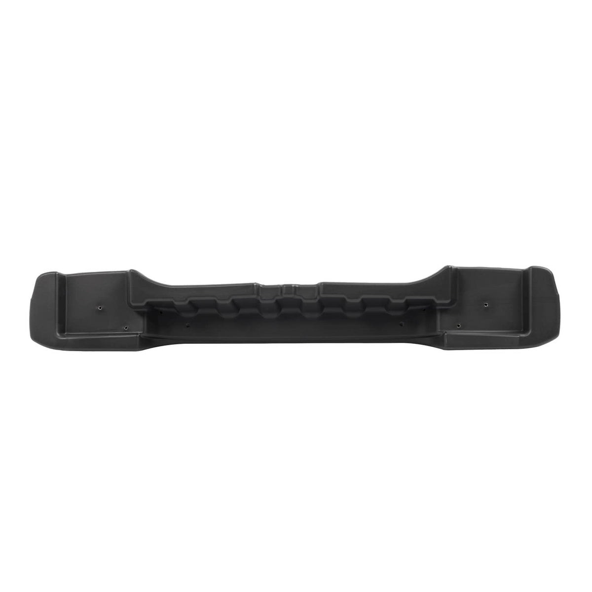 Dark gray rear bumper cover underside with mounting slots and molded structure