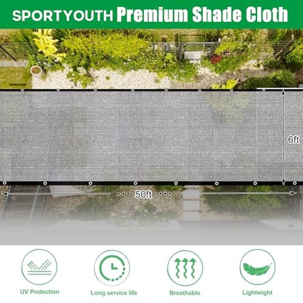 Gray mesh tarp panel with visible weave texture and sizing for 6 ft by 50 ft.