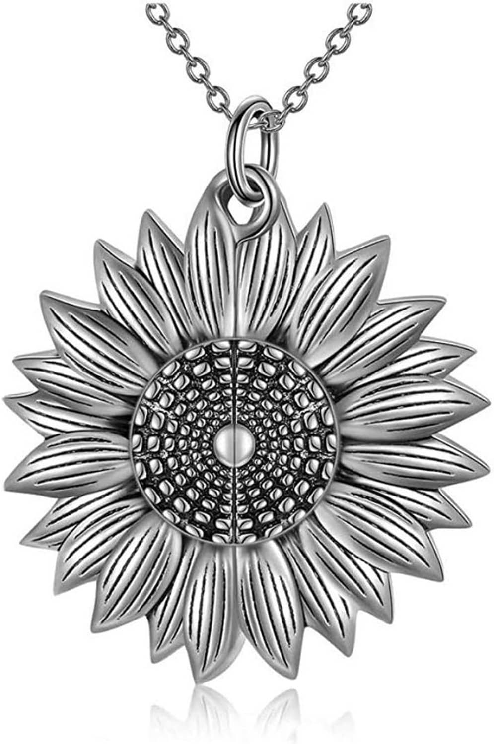 Sterling silver sunflower locket pendant necklace with textured petal details and clasp ring