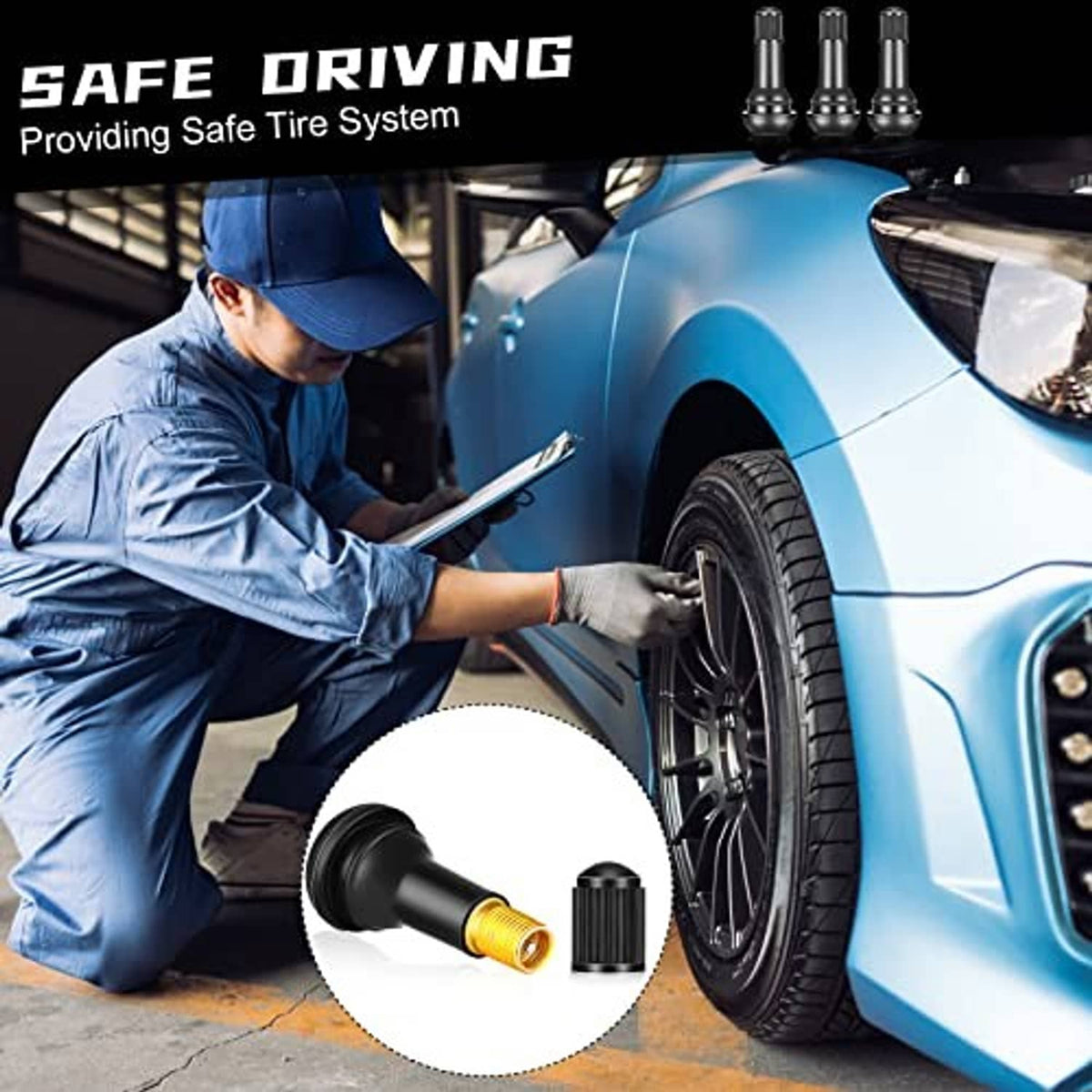 Black snap-in tubeless valve stem with gold core near a car wheel