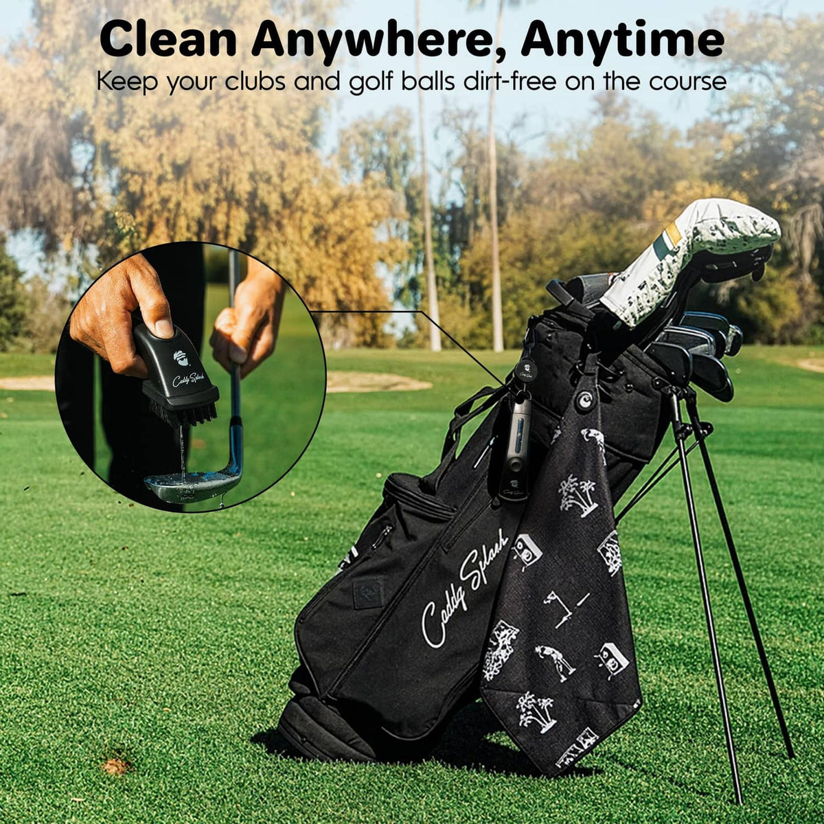 Black golf club brush cleaner with water flow, held against a golf club