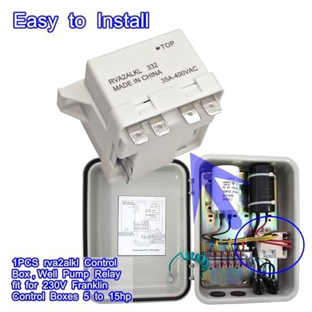 Open well pump relay control box with internal circuit board and components, white.