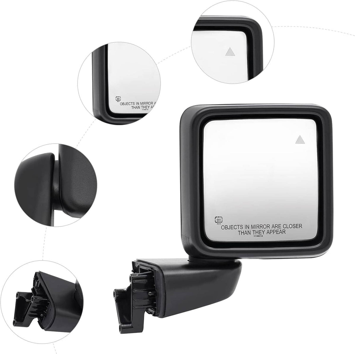 Black blind spot mirror with square lens and highlighted installation details