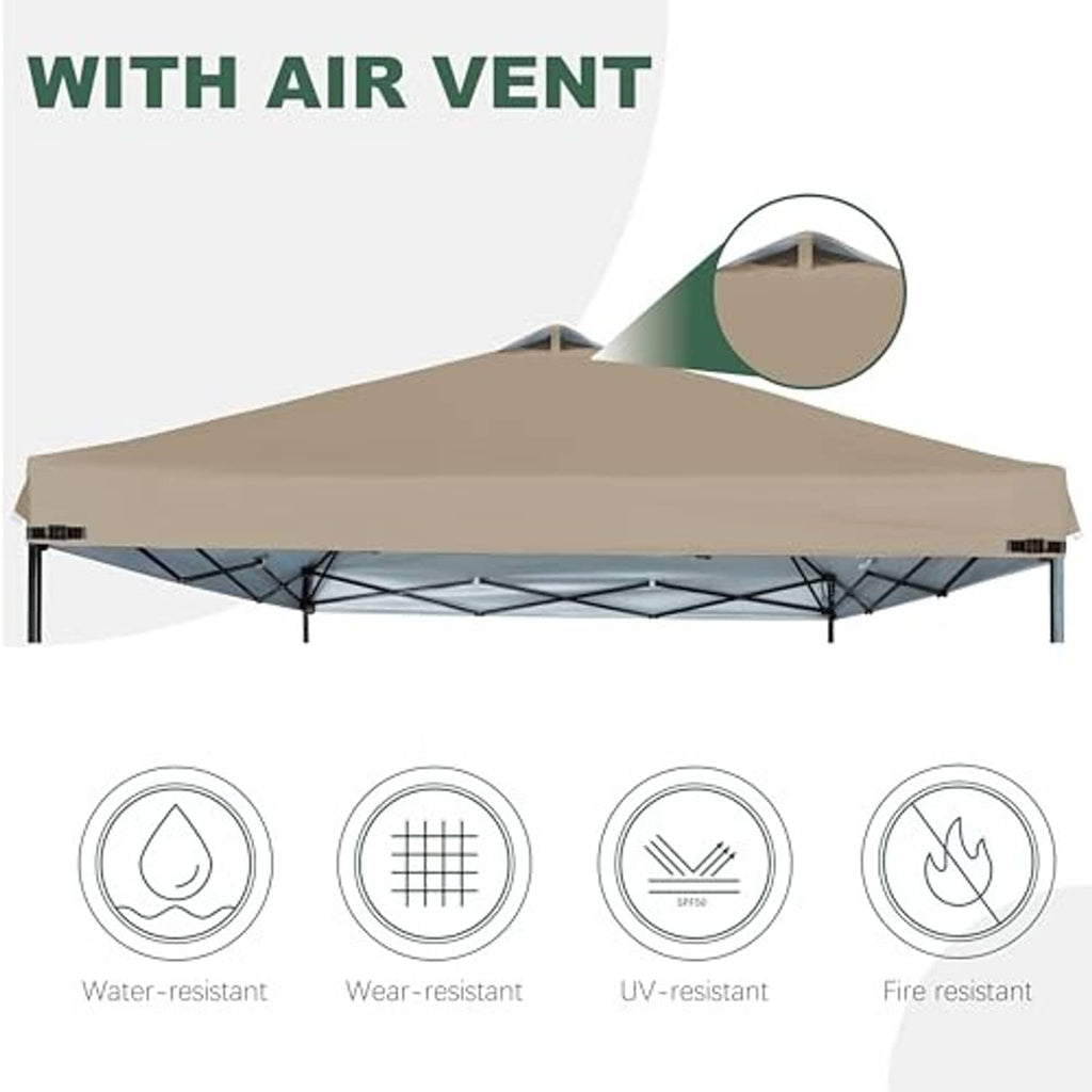 Khaki canopy top with air vent and durability icons