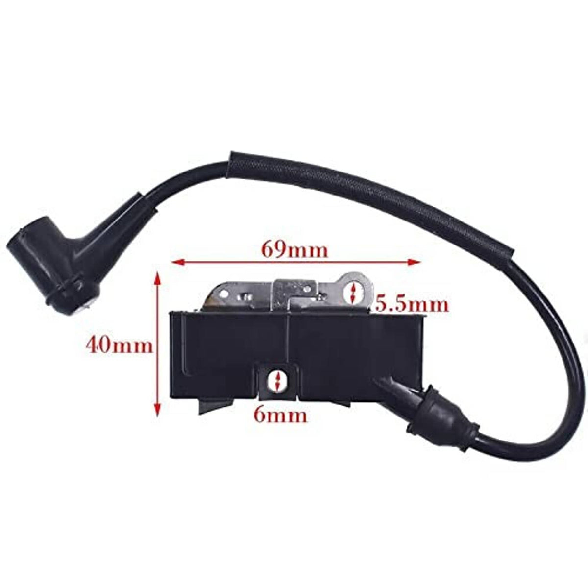 Ignition coil module with spark plug, with 69mm length and 40mm width shown