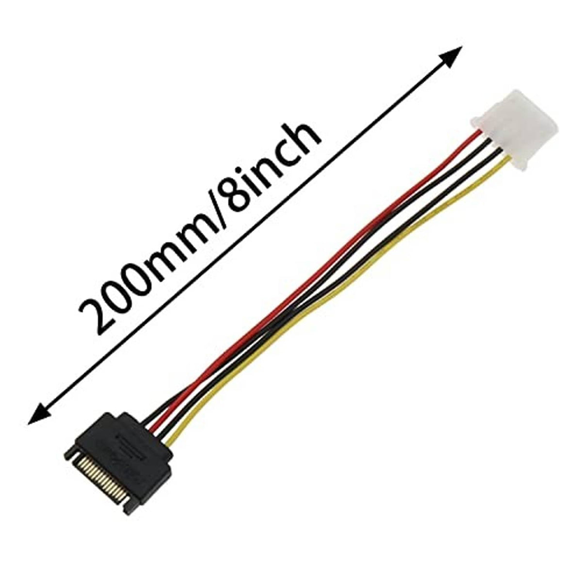 200mm SATA-to-Molex adapter cable, black 15-pin to white 4-pin, multi-color wires