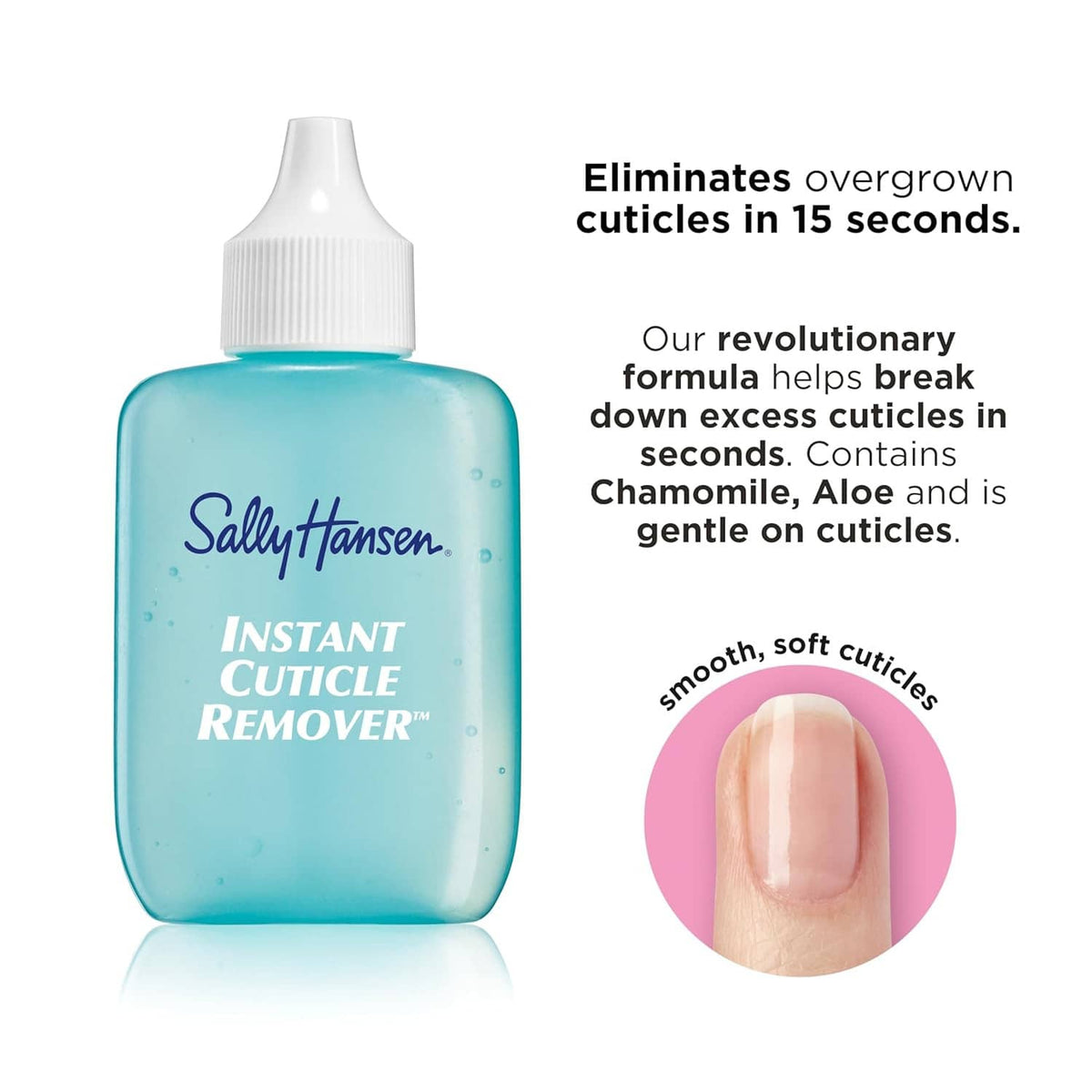 Sally Hansen Instant Cuticle Remover bottle with aqua gel and product info text layout