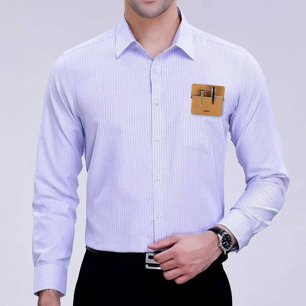 Leather pocket pen holder pouch clipped in a shirt pocket on a light blue button-up