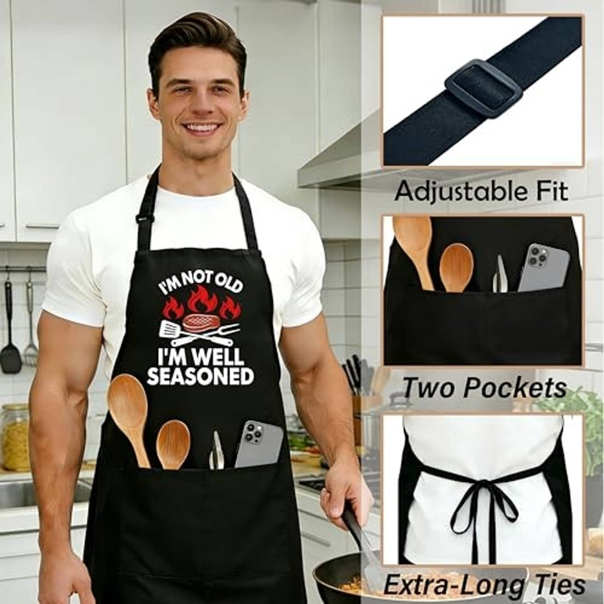 Black apron with adjustable straps and two front pockets, printed utensil and flame design