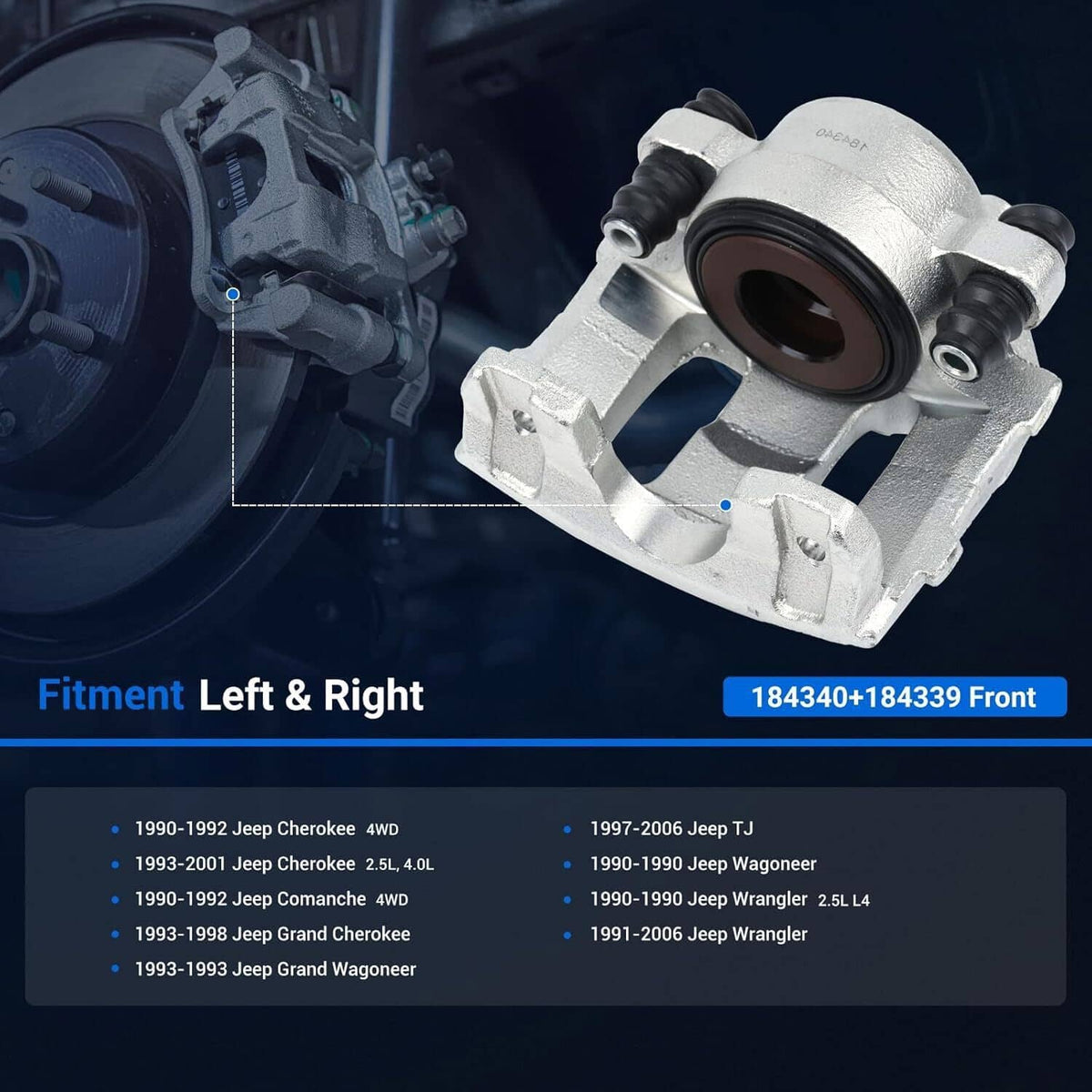 Front brake caliper with silver body and black piston seals, shown near wheel