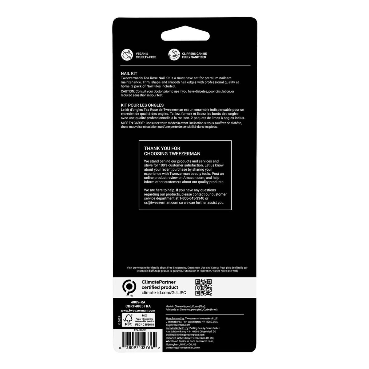 Tweezerman nail kit box back with product details and instructions text.