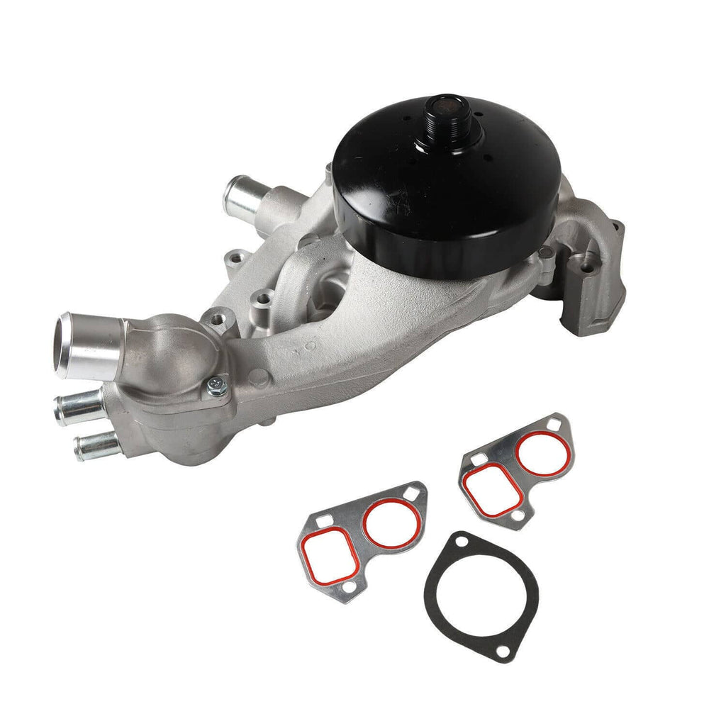 Water pump with thermostat assembly, silver housing and black cap, includes multiple gaskets