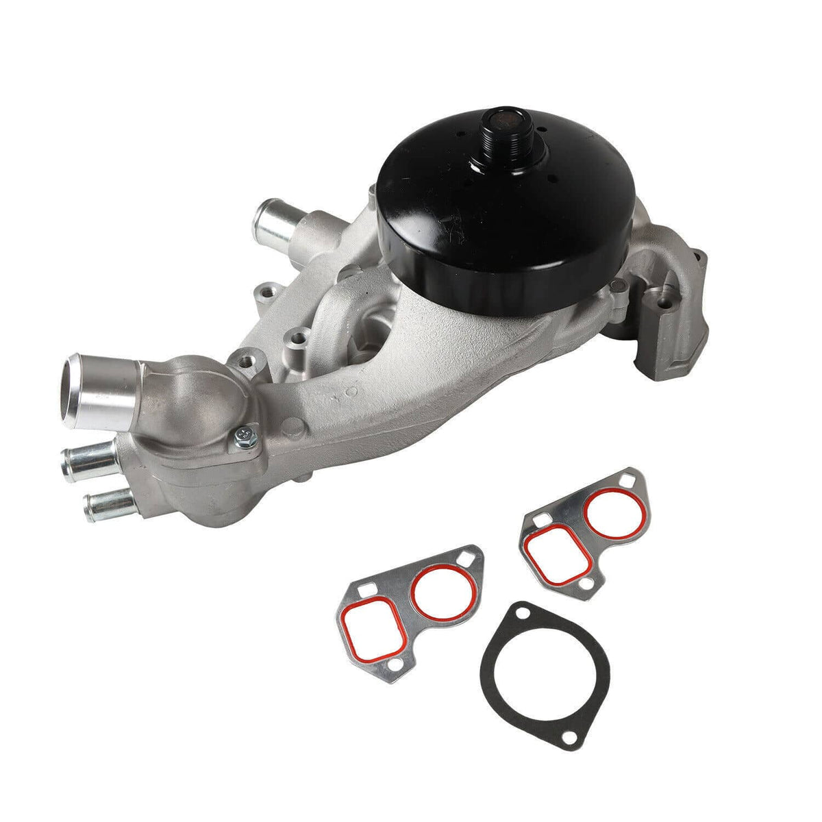 Water pump with thermostat assembly, silver housing and black cap, includes multiple gaskets