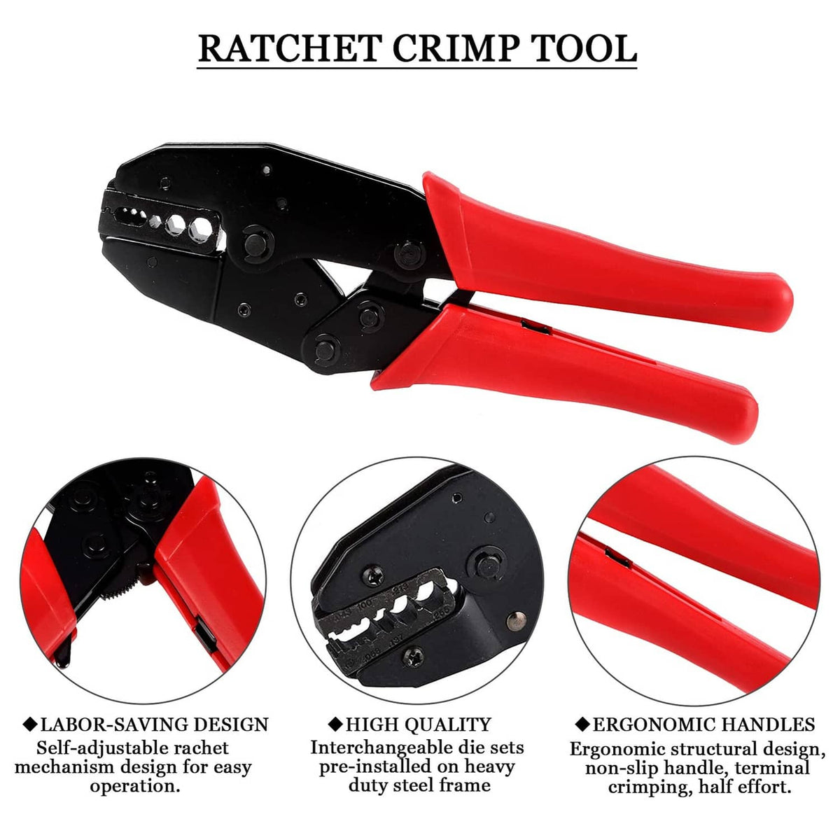 Ratchet crimp tool with black die head and red ergonomic handles