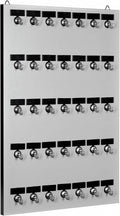 Metal key hook rack board with multiple round hooks and black mounting strips
