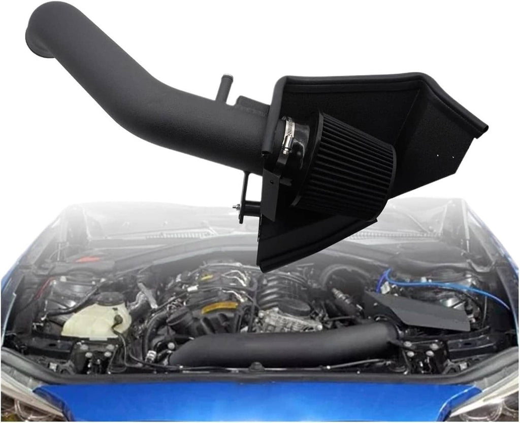 Black intake pipe and cone air filter assembly mounted in engine compartment