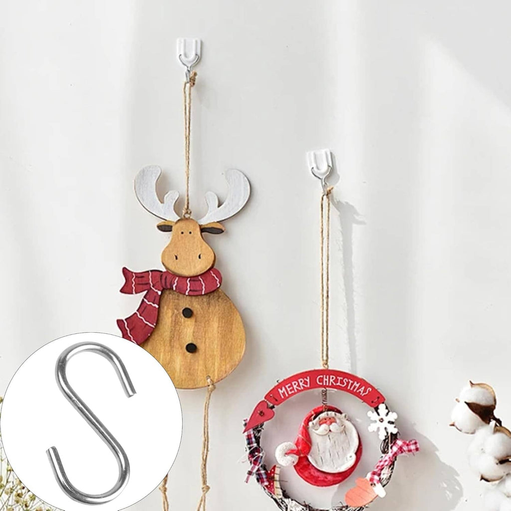 Stainless steel S hooks holding hanging ornament on a string