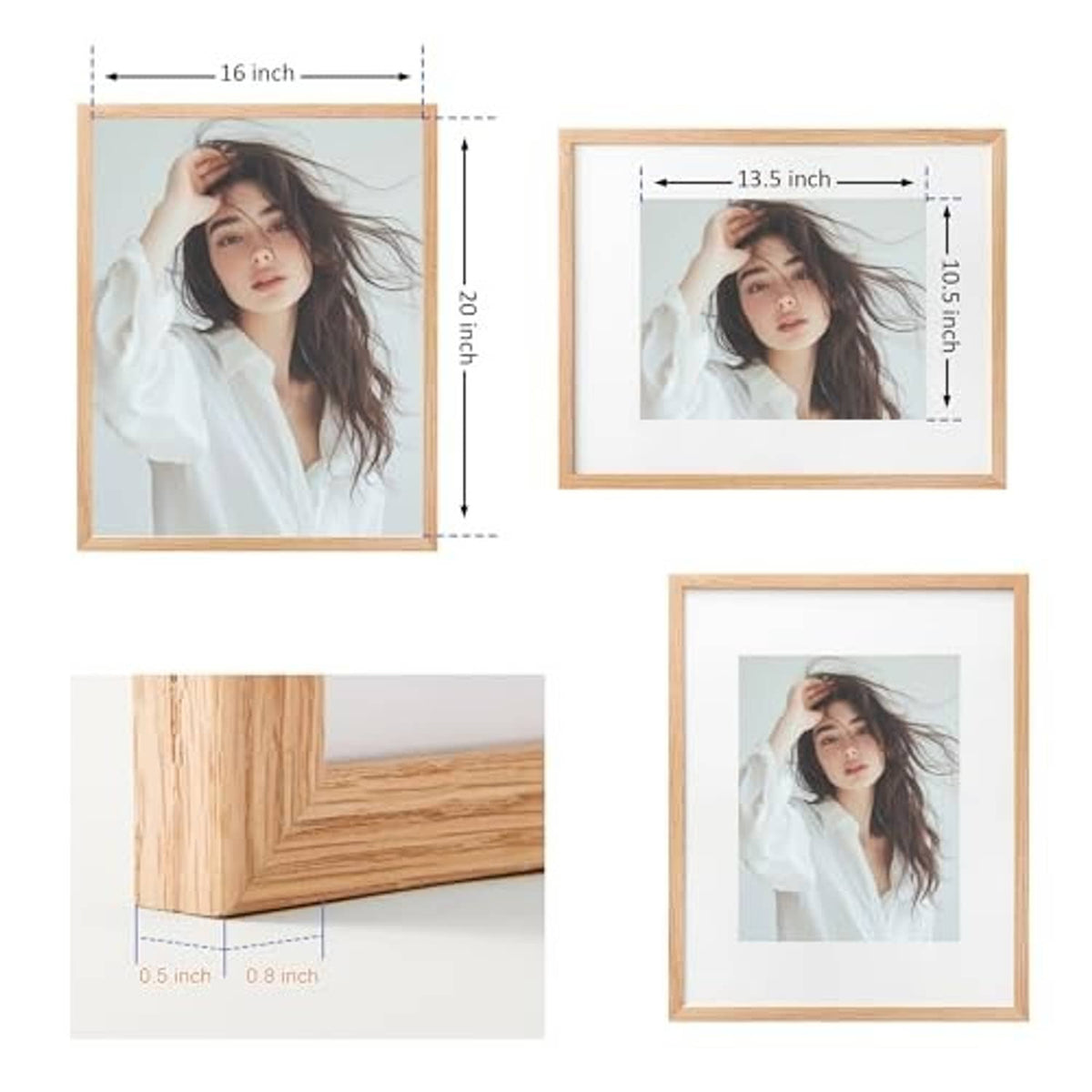Three oak picture frames shown with 16x20 size and a vertical portrait display