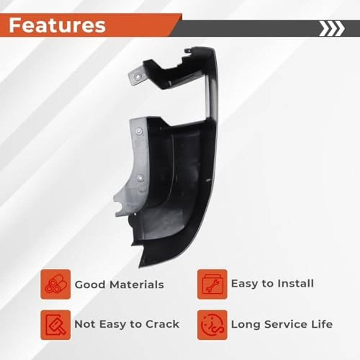 Rear left bumper side end cap cover, black plastic with metal bracket and tabs