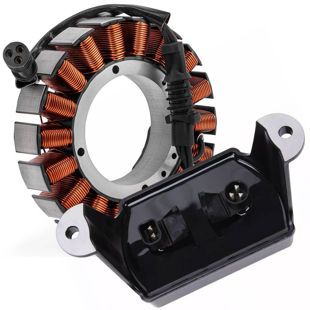 Motorcycle stator coil ring with copper wire windings and black rectifier box