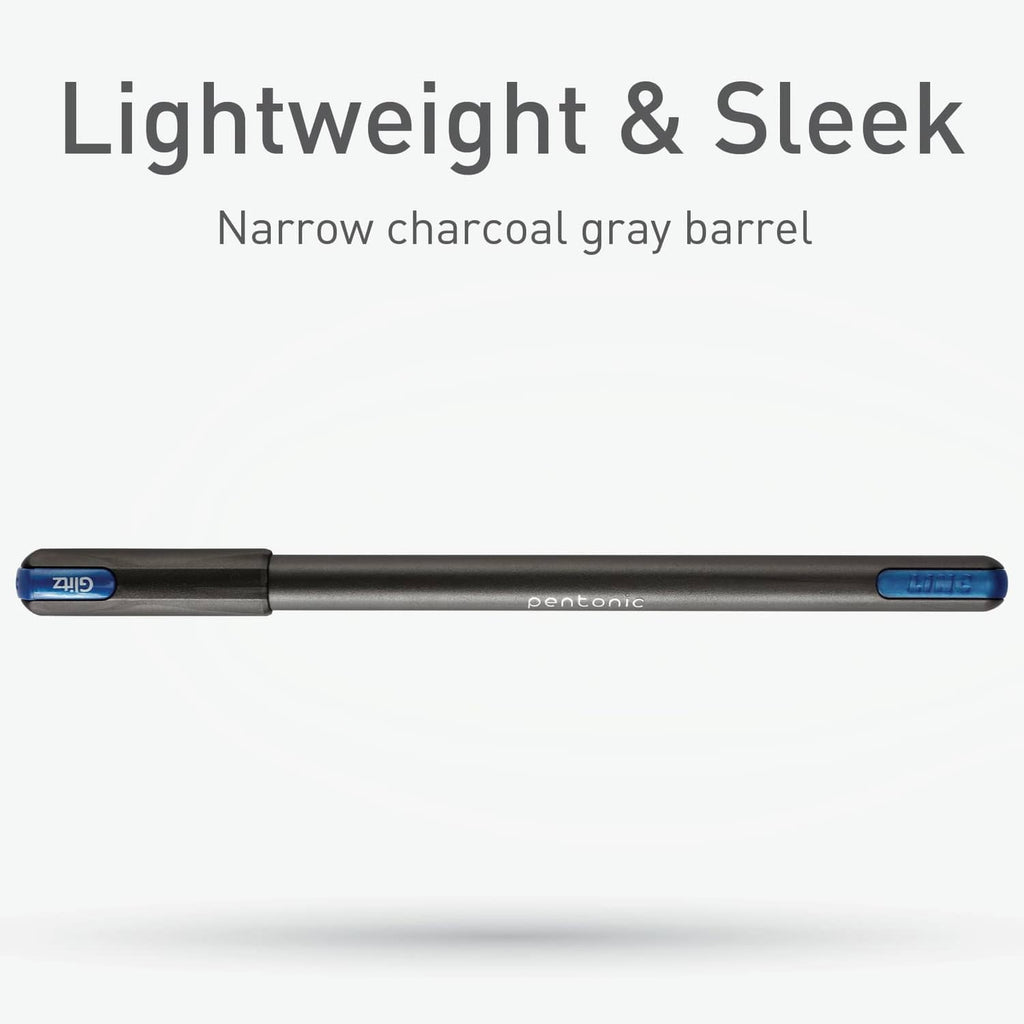 Charcoal gray glitter gel pen barrel with blue accent strip and pen clip