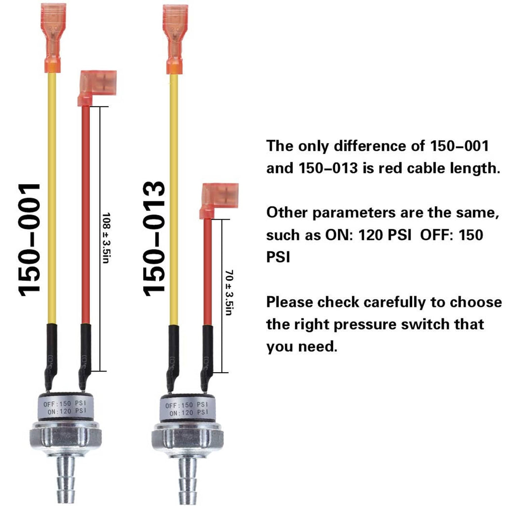 Air pressure switch pair with different cable lengths, red and yellow/black leads