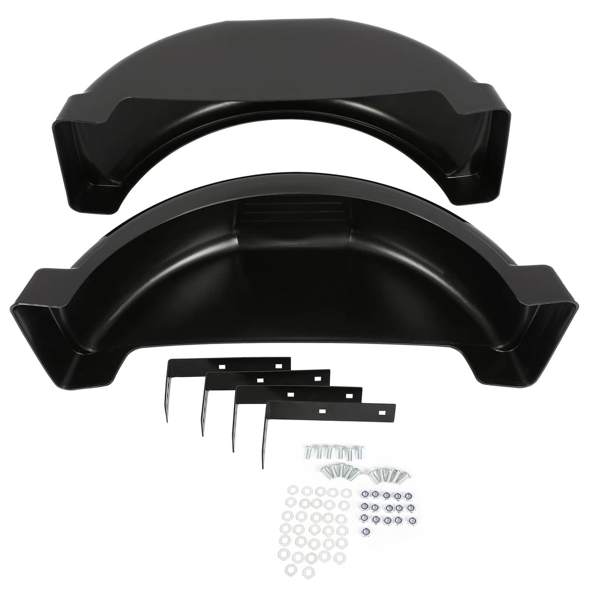 Black plastic trailer fender pair with mounting brackets and screw hardware