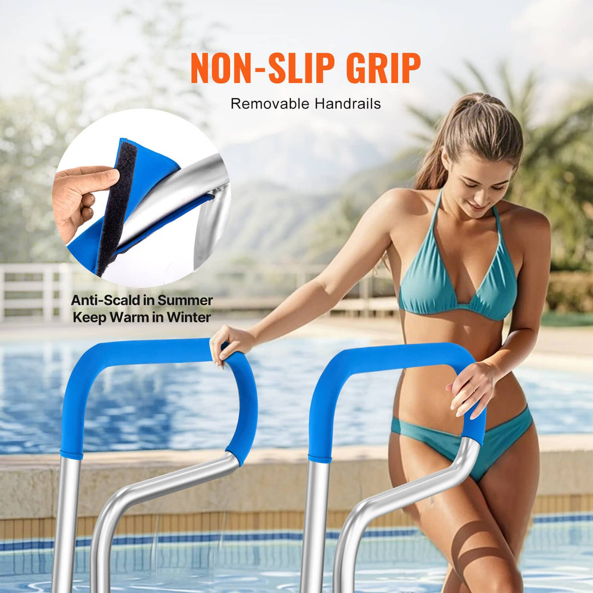 Stainless steel pool handrail with blue anti-slip grips and curved stainless arms