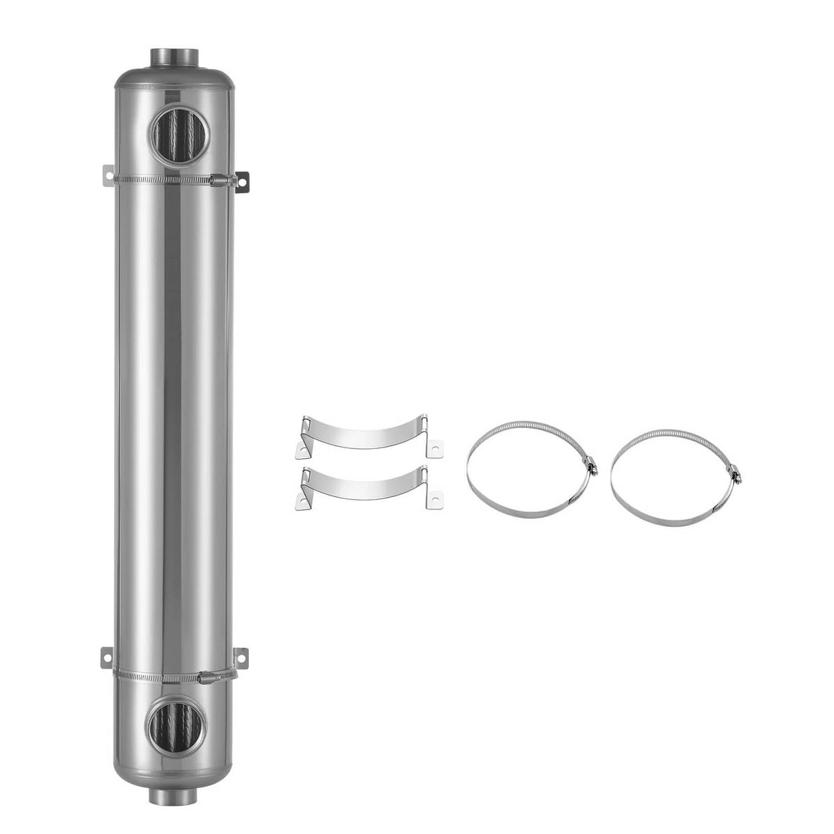 Vertical stainless steel heat exchanger with included mounting brackets and clamp rings