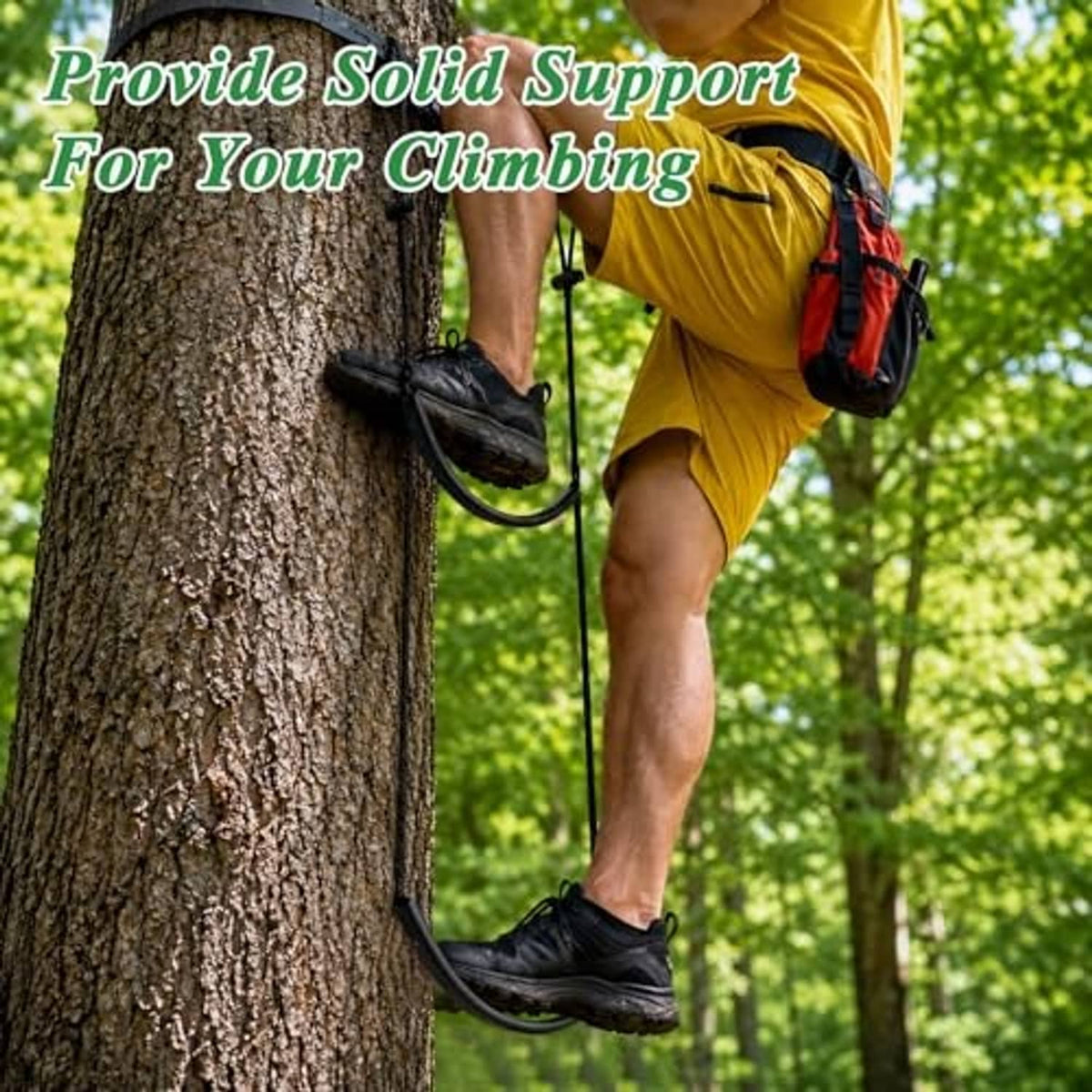 Two-step rope ladder aiding climbing on a tree with black foot platforms