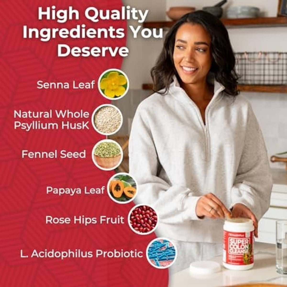 Super Colon Cleanse bottle on display with woman; red label and HealthPlus branding