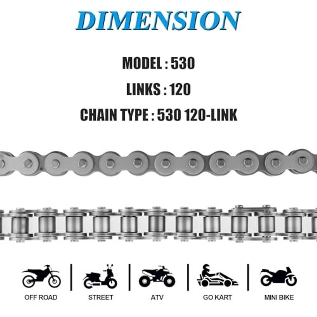 Motorcycle drive chain with light gray 120 links, model 530 chain type